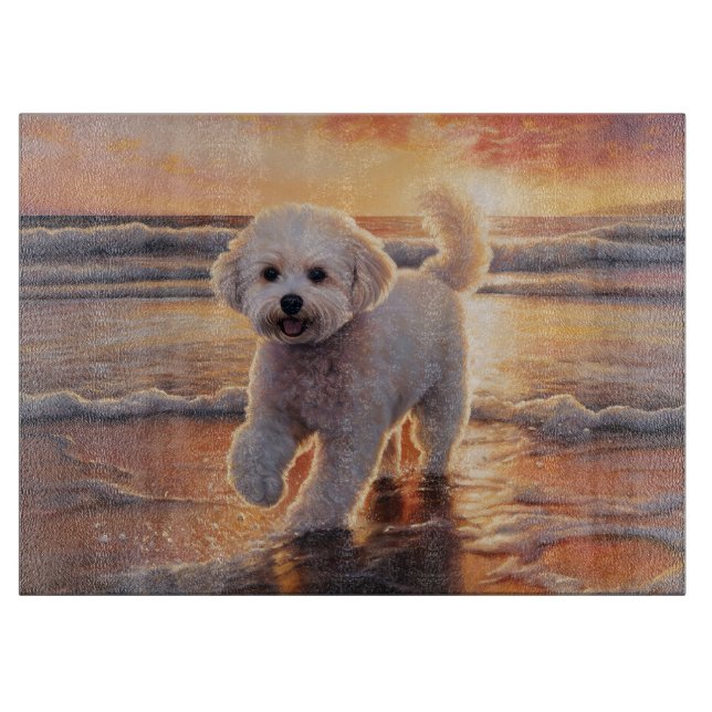 Planche À Découper Bichon frisé Sandy Paws sur la plage au coucher du (Devant)