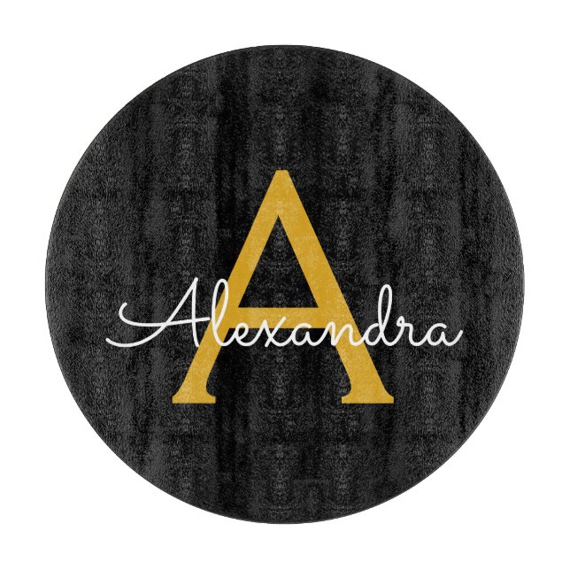 Planche À Découper Black Gold Modern Script Girl Monogramme Nom (Devant)