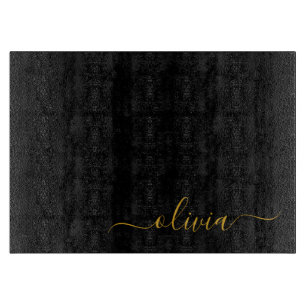Planche À Découper Black Gold Modern Script Girl Monogramme Nom