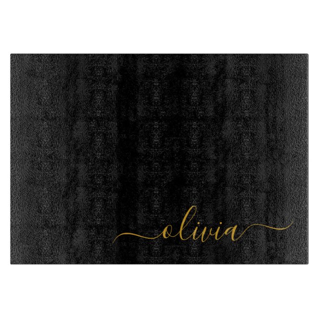 Planche À Découper Black Gold Modern Script Girl Monogramme Nom (Devant)