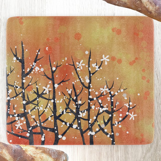 Planche À Découper Blackthorn Blossom Peach Paysage Art (Blackthorn blossom abstract landscape painting art cutting board)