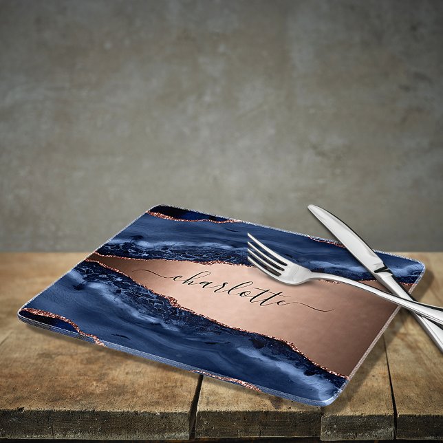 Planche À Découper Bleu agate marbre rose or nom script (Créateur téléchargé)