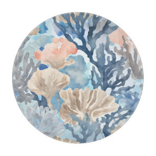 Planche À Découper Bleu Beige Orange Coral Reef Aquarelle Côte
