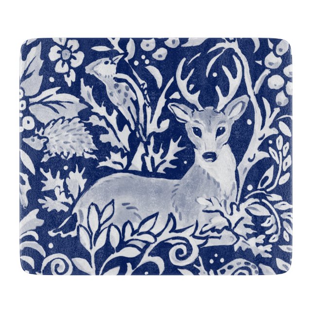 Planche À Découper Bleu Bleu Bleu Cerf Forêt Style Tapisserie (Devant)