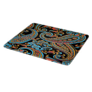 Planche À Découper Bleu ciel et orange d'automne vintage paisley