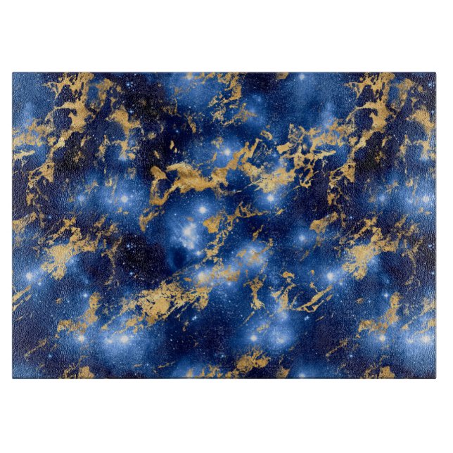 Planche À Découper Bleu Éblouissant, Blanc & Galaxie de Marbre Doré (Devant)