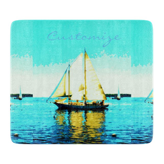 Planche À Découper bleu en verre de schooner de navigation (Devant)