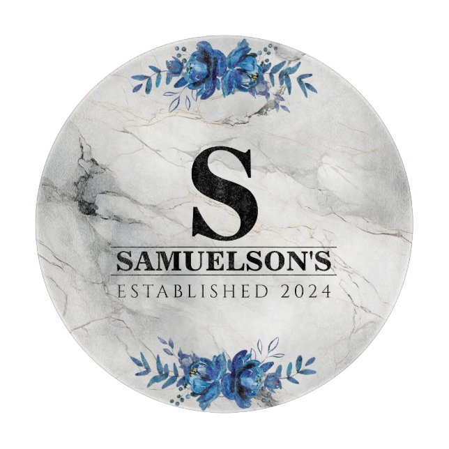 Planche À Découper Bleu Floral Fleur Belle Marbre (Devant)