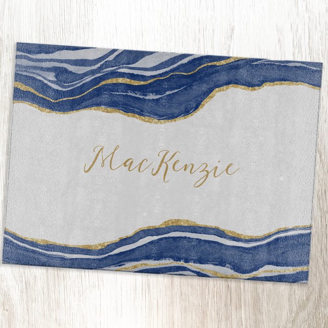 Planche À Découper Bleu Marbre Agate Parties scintillant or Personnal (Blue agate marble watercolor personalized gold script cutting board)