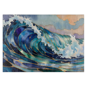 Planche à découper bleu vague océanique or