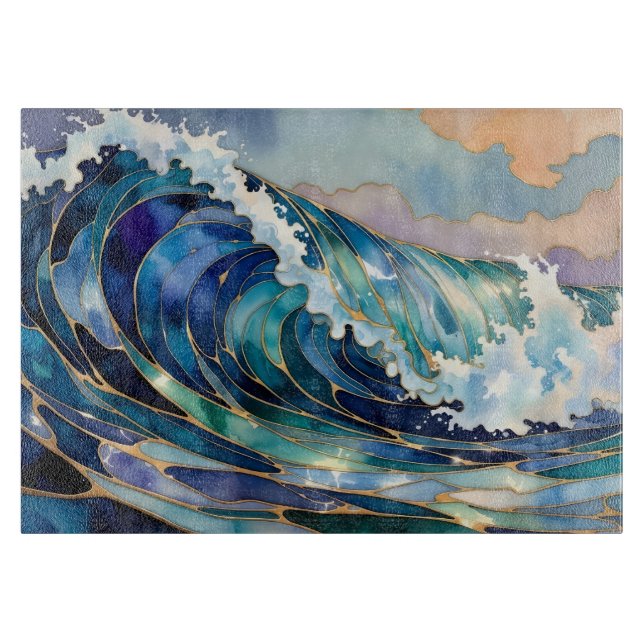 Planche à découper bleu vague océanique or (Devant)