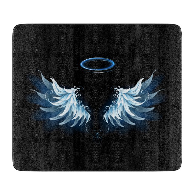 Planche À Découper Blue Glowing Angel Wings on black background (Devant)