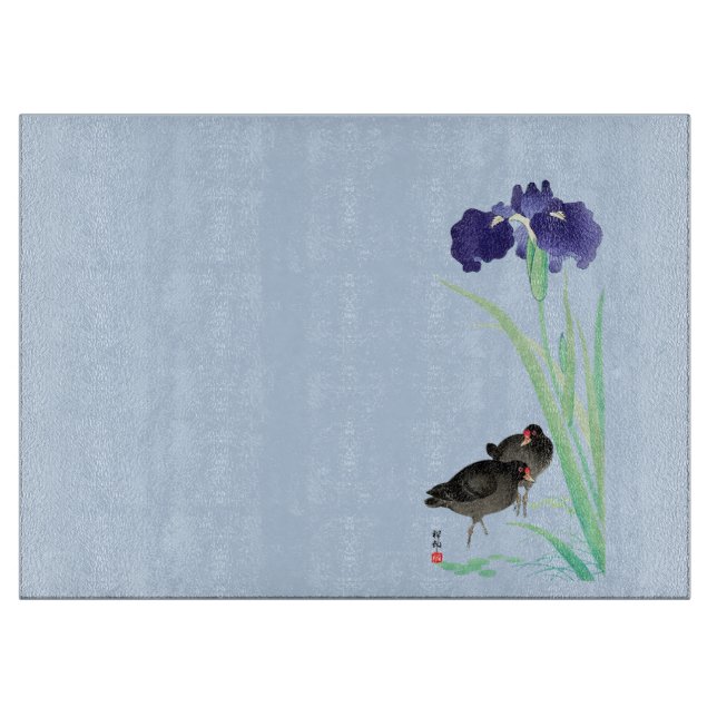 Planche À Découper Blue Irises and Moorhens par Ohara Koson (Devant)