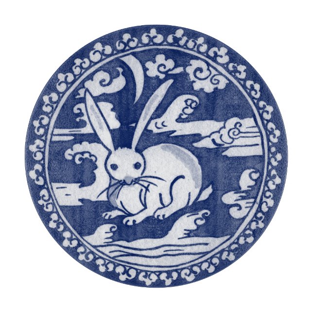 Planche À Découper Blue White Rabbit Nuages Lune Antique Chinoiserie (Devant)