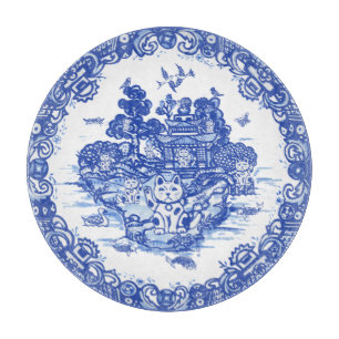 Planche À Découper Blue Willow Lucky Cat Whimsical Chinoiserie Art