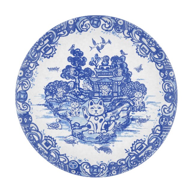 Planche À Découper Blue Willow Lucky Cat Whimsical Chinoiserie Art (Devant)