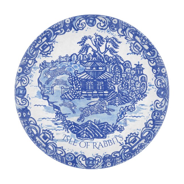 Planche À Découper Blue Willow Rabbit Island White Whimsic Toile Cu (Devant)