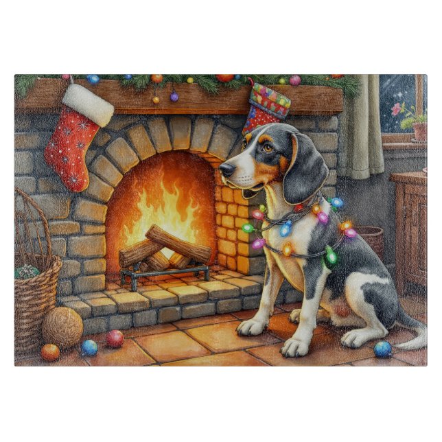 Planche À Découper Bluetick Coonhound Cheminée avec Lumières de Noël (Devant)