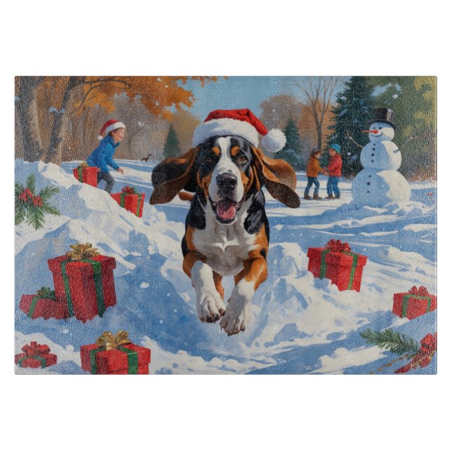 Planche À Découper Bluetick Coonhound courant dans la neige avec Noël (Devant)
