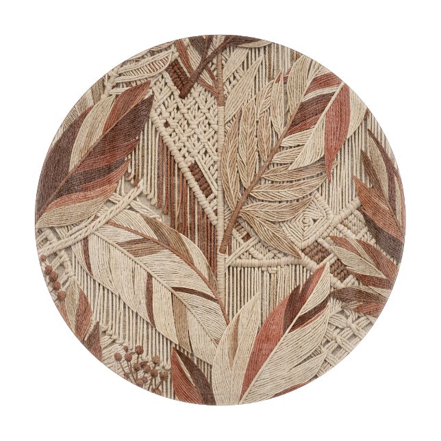 Planche À Découper Boho Macrame Feuilles Tropicales Terracotta Beige (Devant)