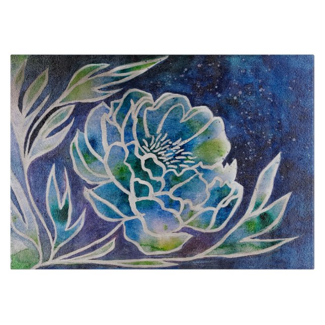 Planche À Découper Boho Navy bleu céleste Dahlia aquarelle florale (Devant)