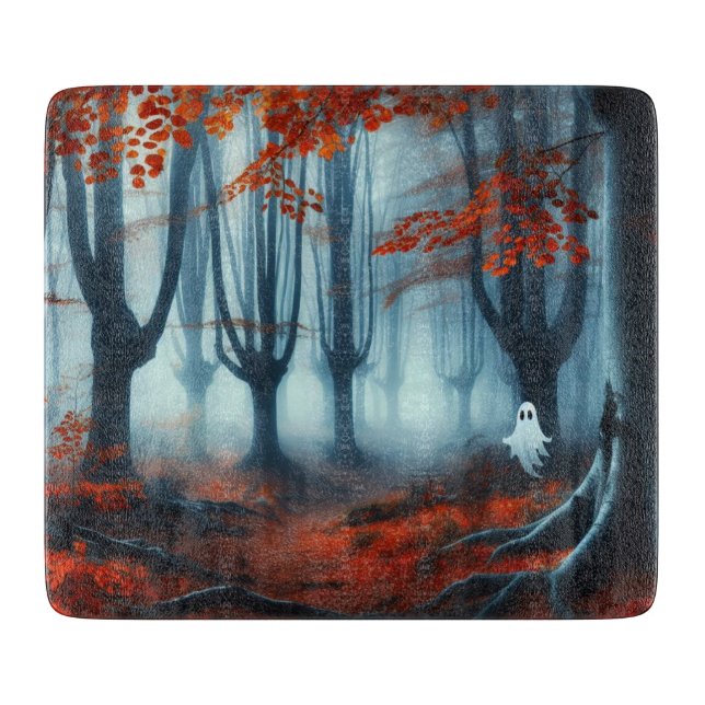 Planche À Découper Bois automnaux effrayants avec un fantôme (Devant)
