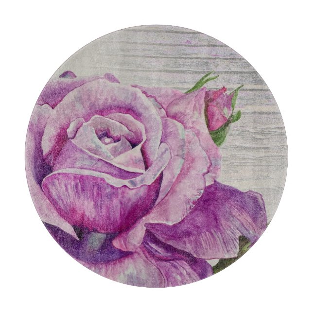Planche À Découper Bois rustique Aquarelle Rose violet (Devant)