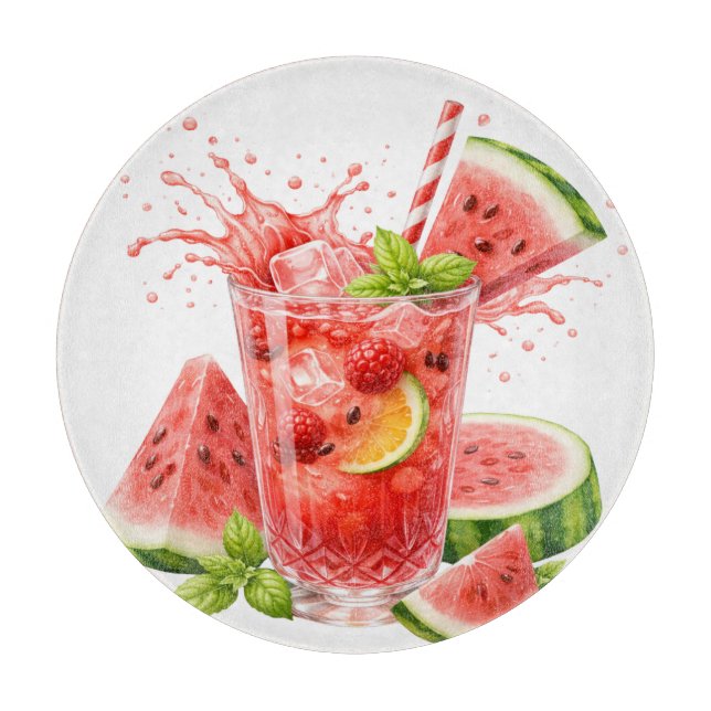 PLANCHE À DÉCOUPER BOISSON TROPICALE D'ÉTÉ AU THÈME PASTÈQUE (Devant)