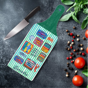 Planche À Découper Boîtes de sardines mignonnes crustacés menthe rayé