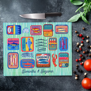 Planche À Découper Boîtes de sardines mignonnes crustacés rayures ble