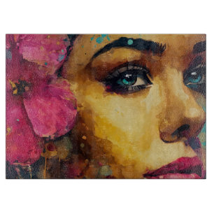 Planche À Découper Bold Pink Hibiscus et femme Portrait Abstrait