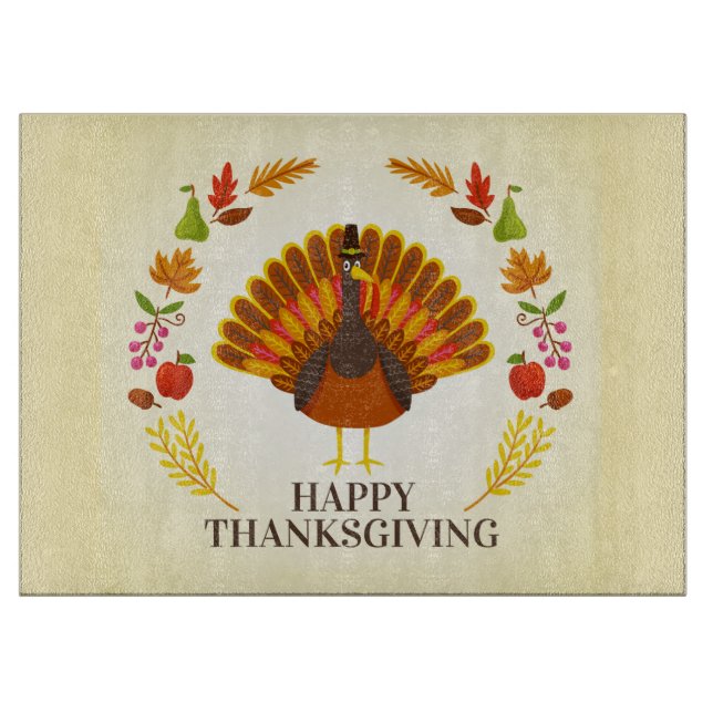 Planche À Découper Bon thanksgiving Turquie et feuillage d'automne (Devant)