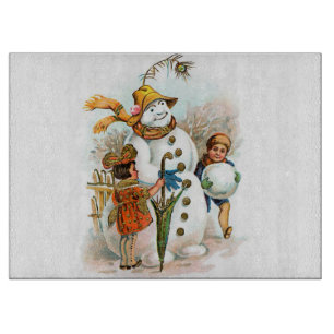 Planche À Découper Bonhomme de neige vintage de village de Noël