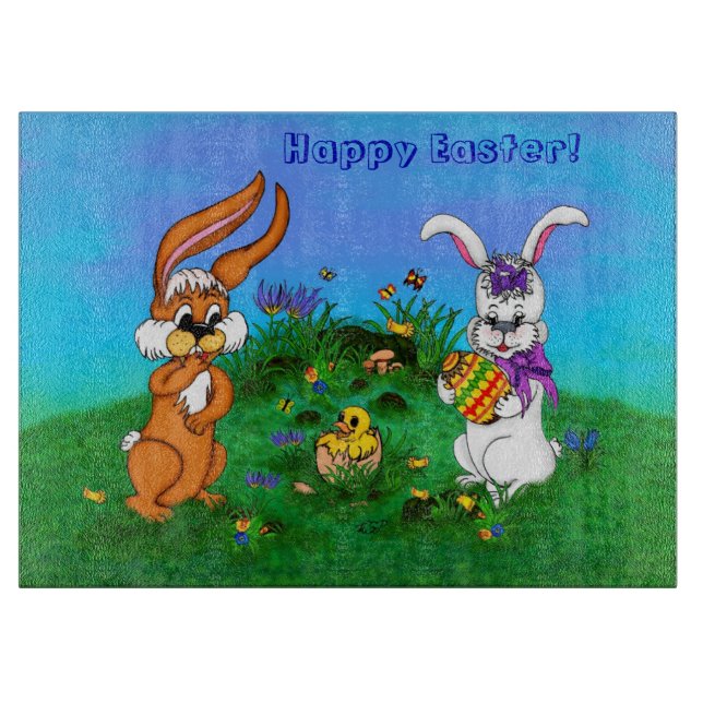 Planche À Découper Bonne Pâques ! Lapin avec lapin et poussin (Devant)