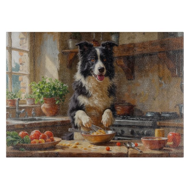 Planche À Découper Border Collie Cuisinant dans la Cuisine (Devant)