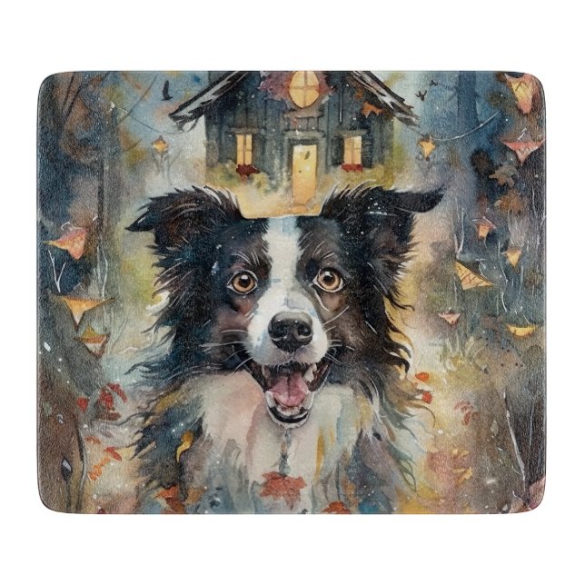 Planche À Découper Border Collie d'Halloween avec citrouilles effraya (Devant)