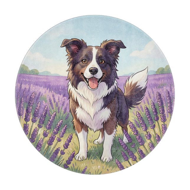 Planche À Découper Border Collie Heureux Champ de Lavande (Devant)
