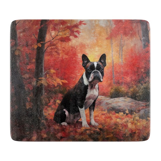 Planche À Découper Boston Terrier à l'automne Leaves automne Inspire (Devant)
