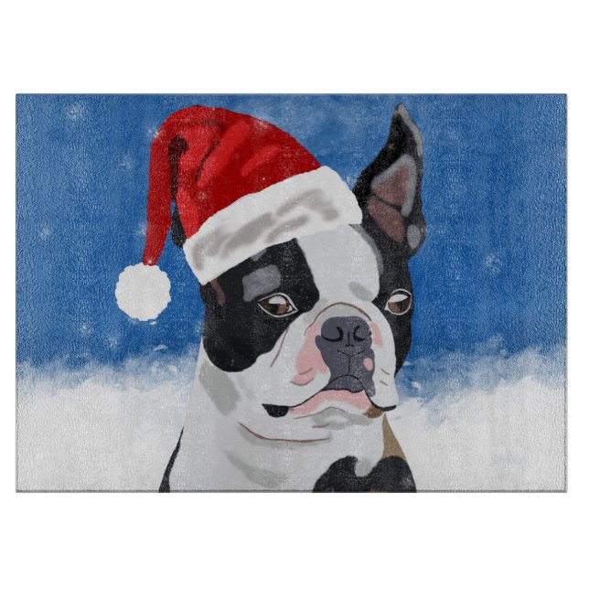 Planche À Découper Boston Terrier Chien dans neige Noël Joyeux vacanc (Devant)