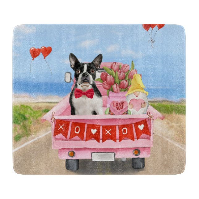 Planche À Découper Boston Terrier Chien Valentine's Day Truck Hearts (Devant)