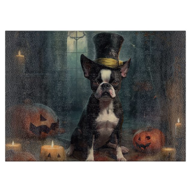 Planche À Découper Boston Terrier Citrouille Halloween effroi (Devant)