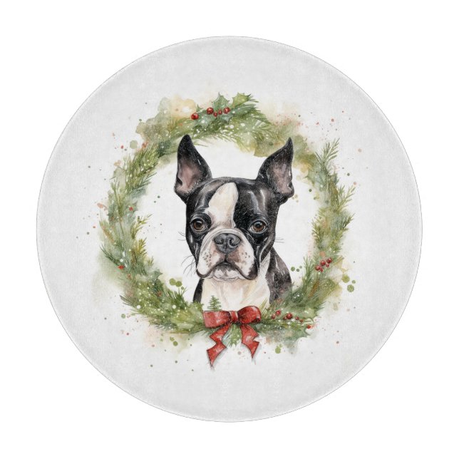 Planche À Découper Boston Terrier Noël Wreath Festive Pup (Devant)