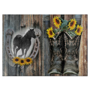 Planche À Découper Botte de cow-boy à cheval à la galopante Fleurs de