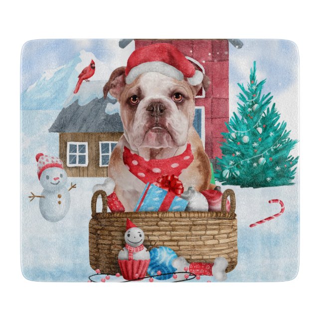 Planche À Découper Bouledogue anglais dans la maison de Noël enneigée (Devant)