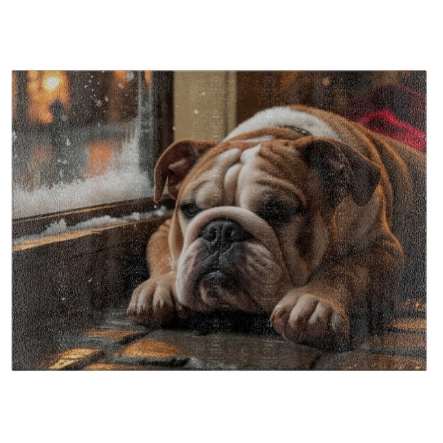 Planche À Découper Bouledogue avec lumières de Noël vacances (Devant)