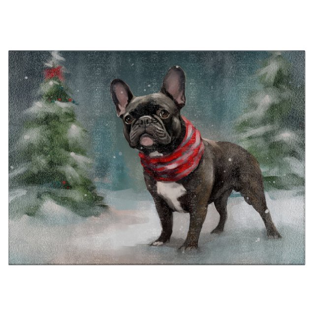 Planche À Découper Bouledogue français dans la neige Noël (Devant)