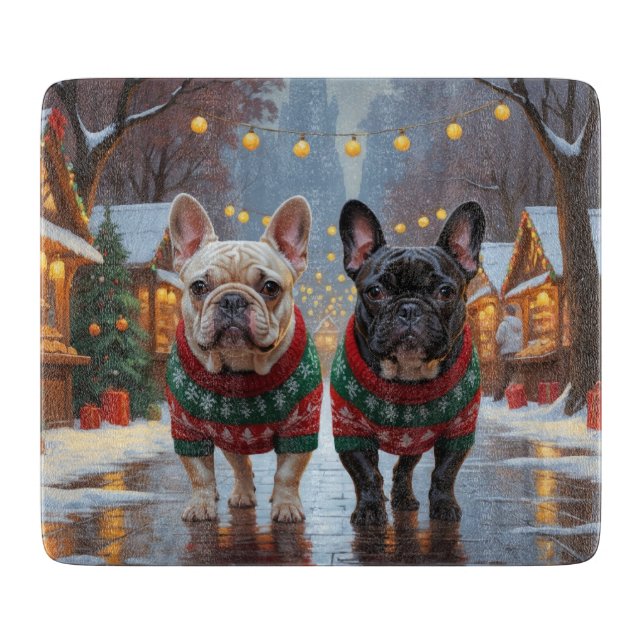 Planche À Découper Bouledogues français Noël Neige Vacances (Devant)