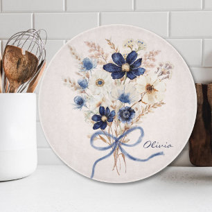 Planche À Découper Bouquet de fleurs bleu marine aquarelle personnali