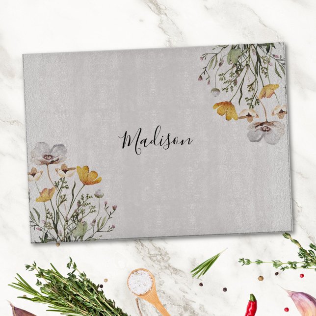 Planche À Découper Bouquet de fleurs sauvages jolies avec monogramme (In situ)