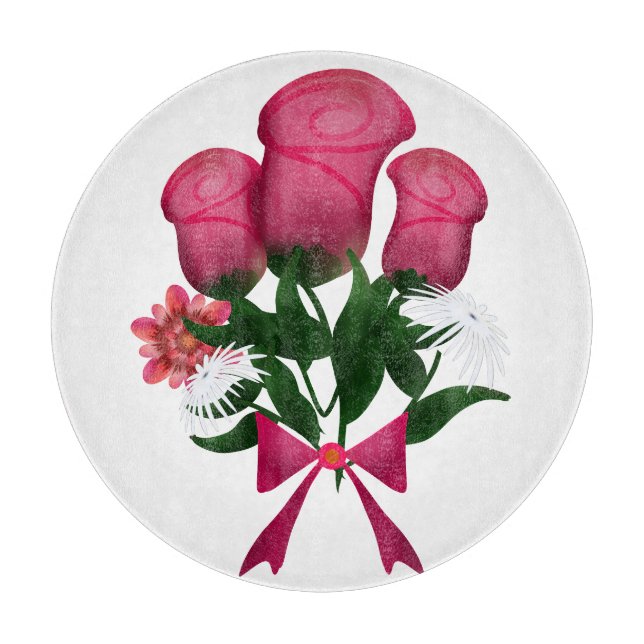 Planche À Découper Bouquet de roses roses avec ruban floral (Devant)